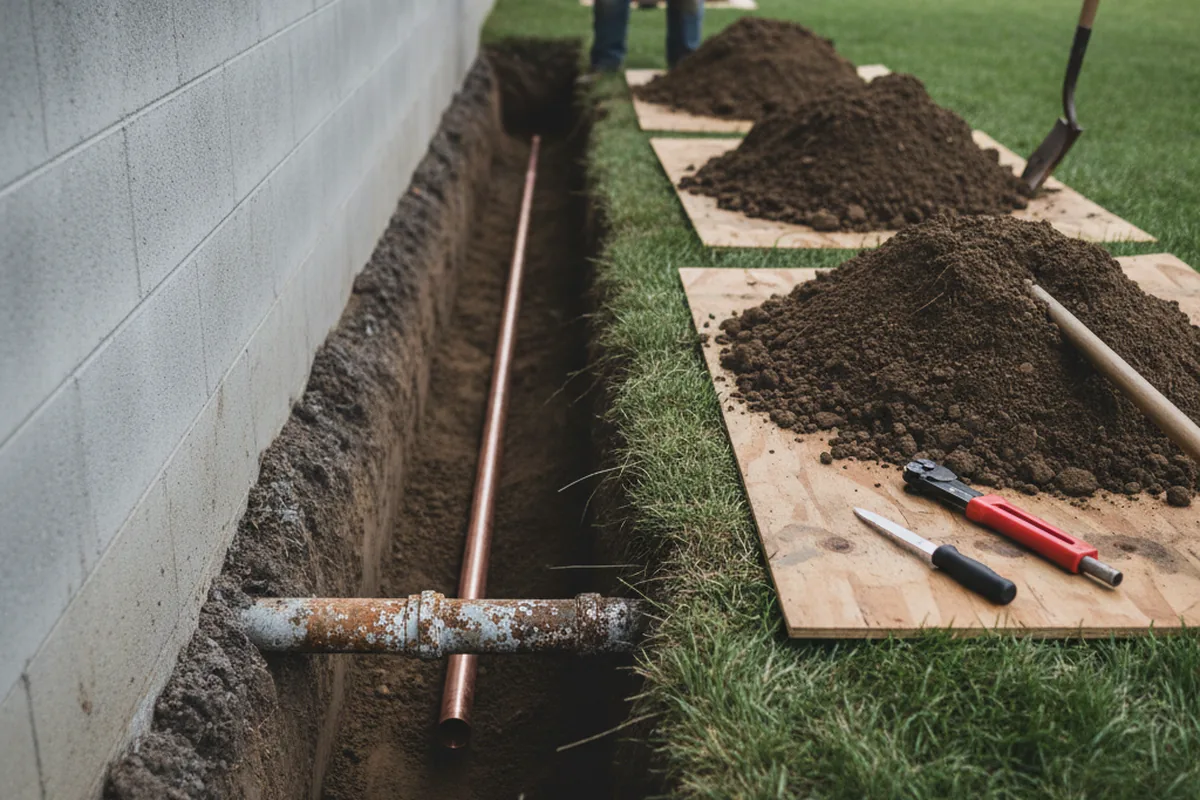 Excavated water line trench during Water Softener Installation in Mistletoe